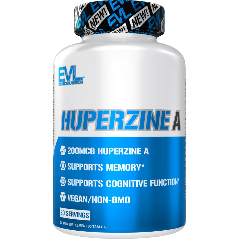 Evlution Huperzine A Nootropics Brain Support Supplement Nutrition Focus and Memory Supplement for Brain Health - 200mcg Huperzine A for Enhanced Cognitive Performance - 30 Vegan Tablets